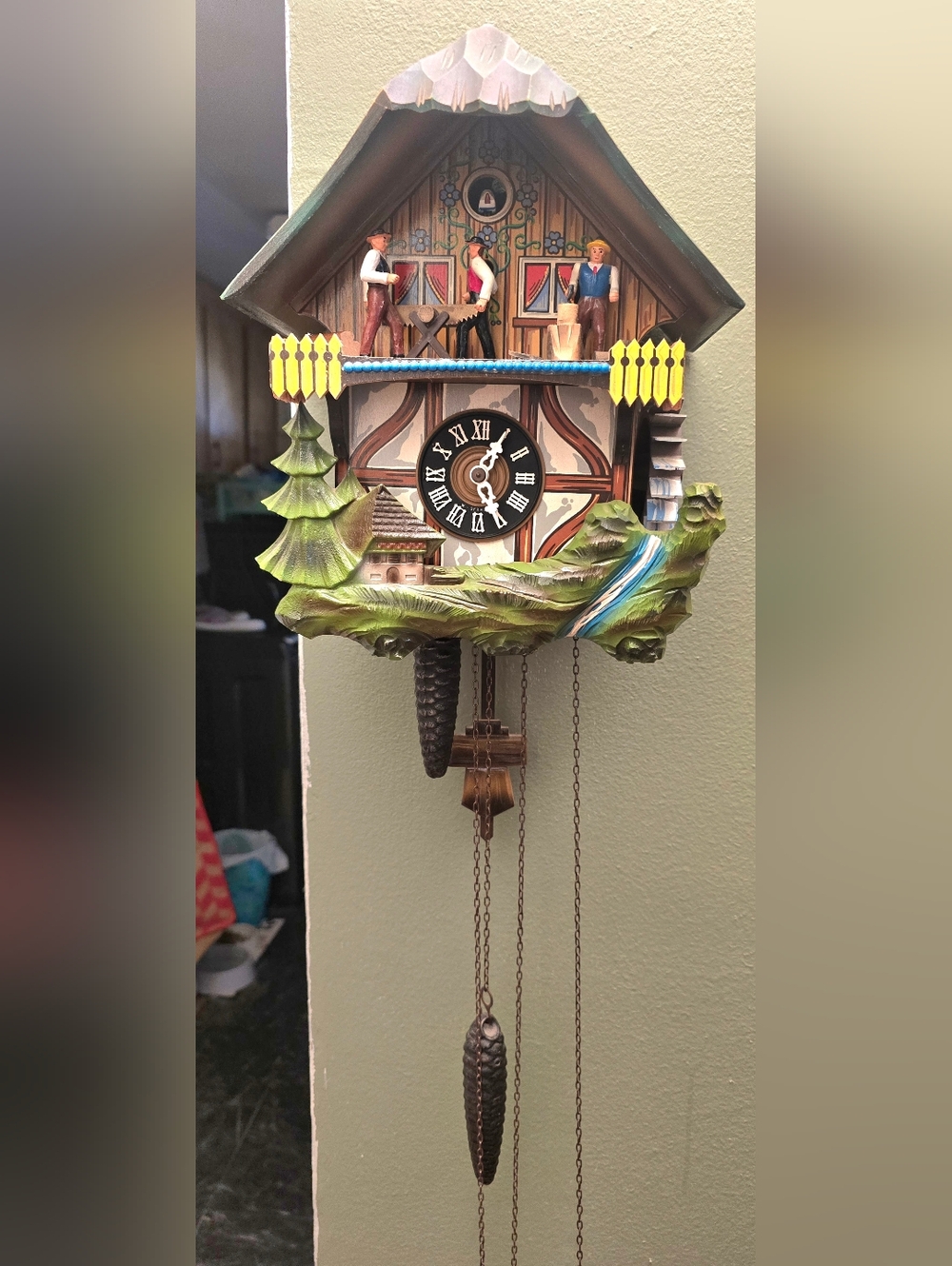 Vintage German E. Schmeckenbecher Blck. Forest Cuckoo Clock W/ Musical Sawmill!